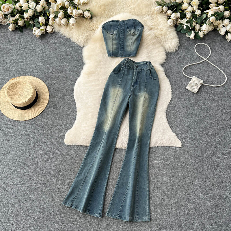 American Retro Spicy Girl Style Pure Desire Denim Crop Top and High Waist Flared Pants Two-Piece Set
