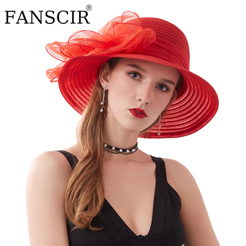 Novo elegante fascinator chapéus para mulher aba larga organza kentucky derby igreja vestidos de casamento fedora férias verão chapéu sol