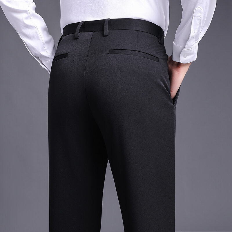 Calças masculinas para a primavera e o outono calças de lazer soltas em linha reta terno de negócios elástico não-roupa de engomar calças masculinas