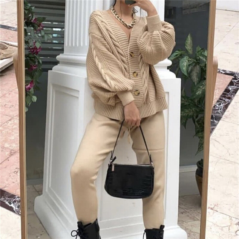 Women Knitting 2-pieces Sweater Suit Hemp Flower V-neck Single-Breasted Cardigan + Pants Lady Winter Sweater Set Warm Set