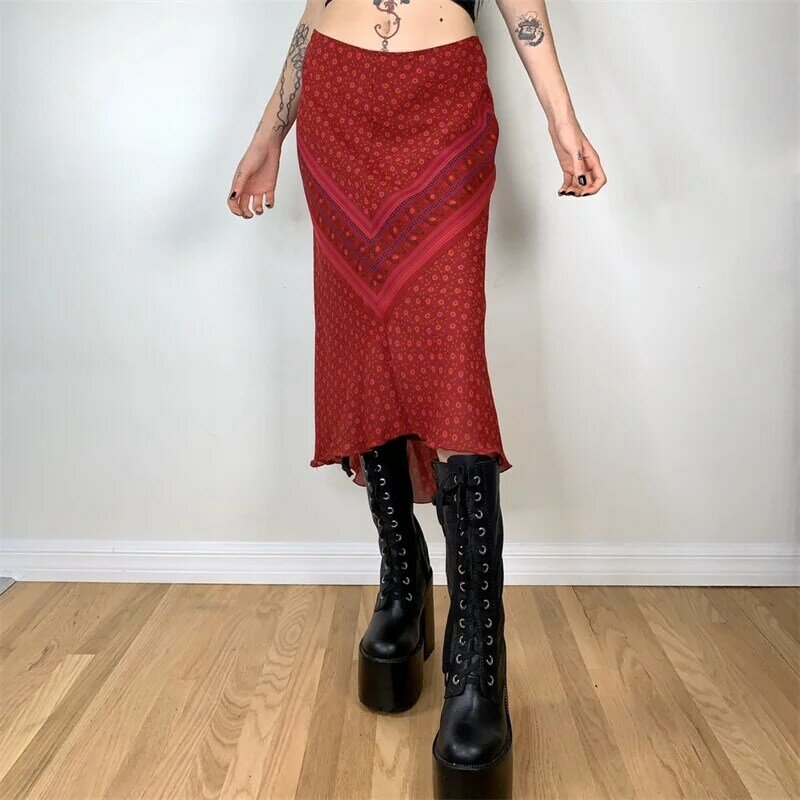 Hirigin-faldas de cintura alta con dobladillo Irregular para mujer, faldas rectas de doble capa con estampado Floral, estilo bohemio Vintage Grunge, Y2K