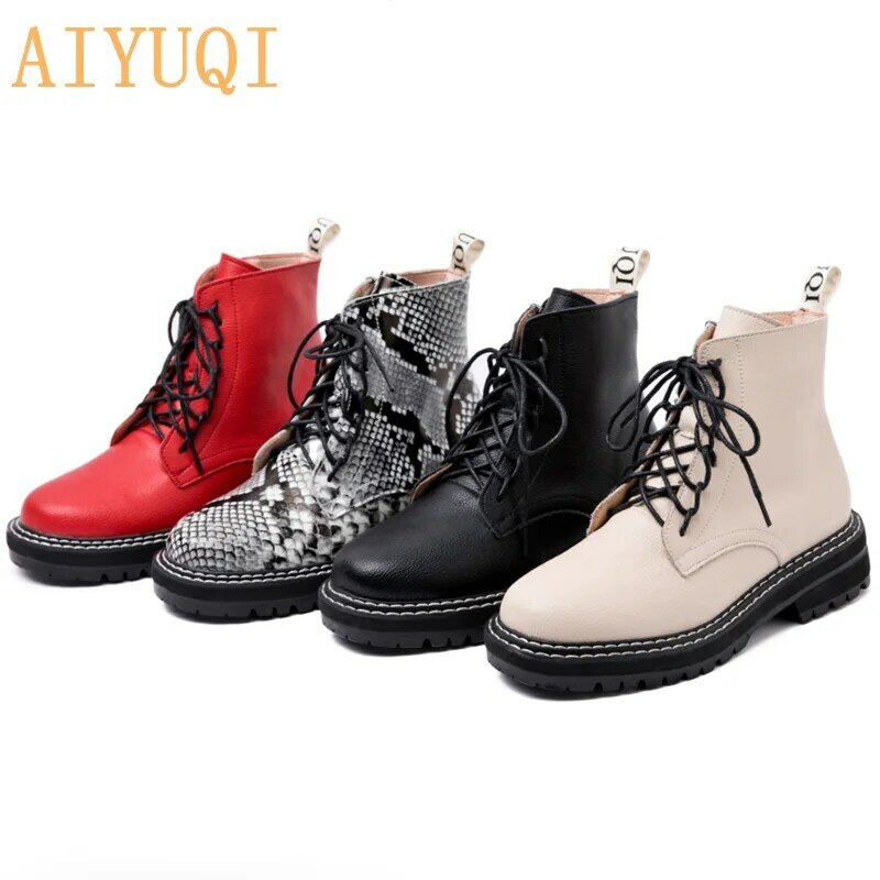 AIYUQI Women Shoes Boots Ankle 2021 Autumn British Wind Genuine Leather Thick With Fur Ladies Short Boots Motorcycle Martin