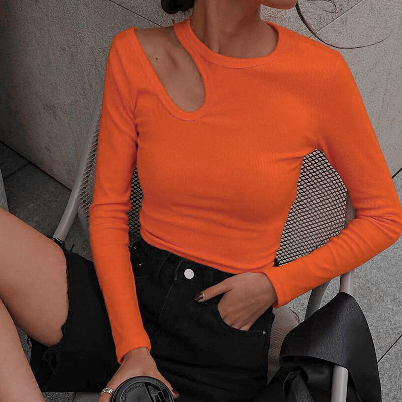 2022 Women's New Irregular Hollow Out Long Sleeve T-shirt Women's Round Neck Solid Color Slim Bottomed Top Y2k Clothes Oddinary