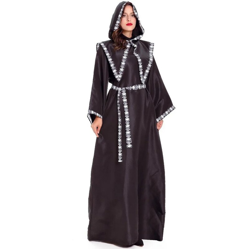 Adult Halloween Men Witch Wizard Scary Costume Cloak Cape Hooded Medieval Horror Cosplay Suit