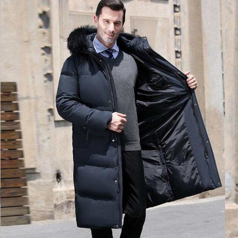 Casaco de pele de guaxinim natural longo HolyRising para homens 90% jaqueta de pato branco, casaco com capuz, inverno