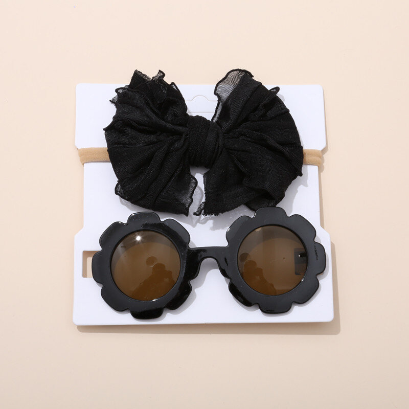 2 Buah/Set Aksesoris Bayi untuk Anak Perempuan Ikat Kepala Renda Elastis dengan Kacamata Hitam Bunga Anak-anak Turban Lembut Anak-anak Pita Penutup Kepala Musim Panas