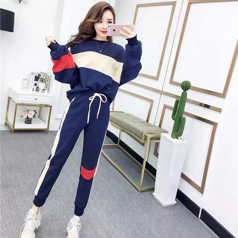 Spring Geometric Patchwork Casual 2 Pieces Set Woman Jogger Sports Preppy Outfit Fashion Tracksuit Female Sweatshirt Sportswear