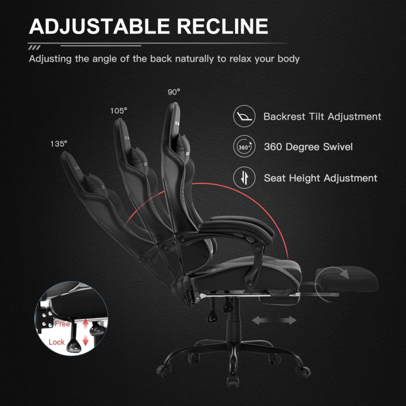 Регулируемое игровое кресло с подставкой для ног, регулируемая высота и Наклонное положение, компьютерное кресло, кресло для дома и офиса, подъемное вращающееся кресло