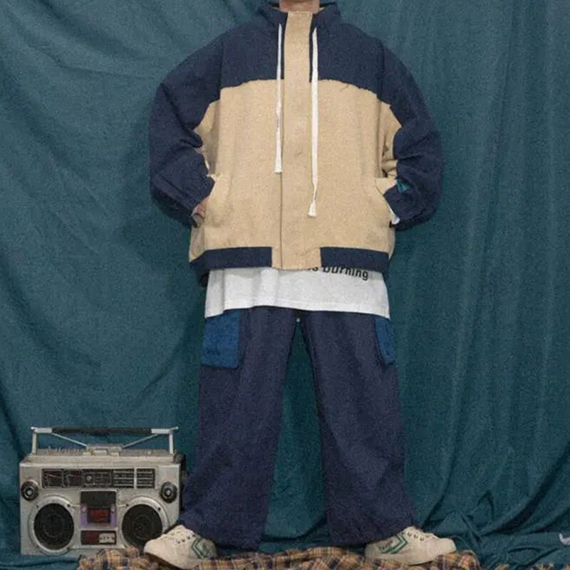 Y2K Street cuciture retrò giapponesi a contrasto di colore Multi-tasca pantaloni Casual Oversize larghi a gamba larga da uomo