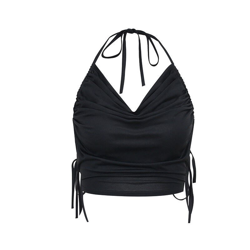 2022 Women's Summer New Style Pocket Collar Open Back Suspender Vest Strap Hanging Neck Ultra Short Top Sleeveless Vests Traf