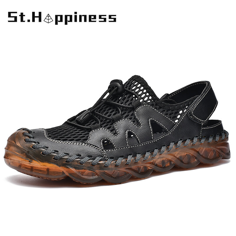 2022 Summer New Men's Handmade Mesh Sandals Brand Classic Black Beach Sandals Fashion Casual Sports Outdoor Slippers Big Size