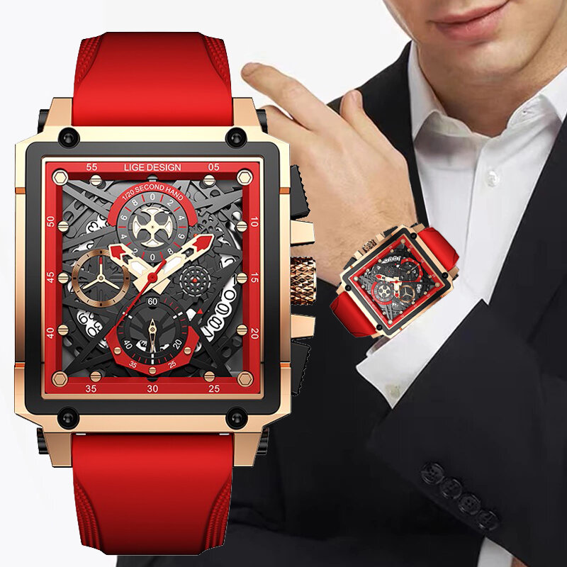Lige relógios masculinos marca superior grande esporte relógio de luxo masculino militar silicone quartzo relógios de pulso cronógrafo retângulo design masculino