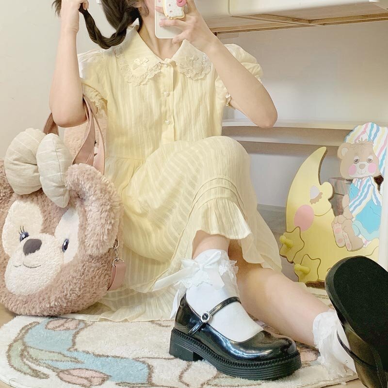 Summer Lolita Cute Dress Soft Girls Japanese Lace Ruffles Sweet Doll Collar Cotton manica corta Ladies Women Dress