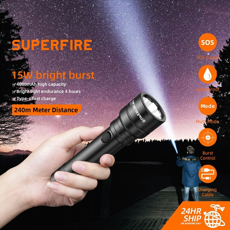 SUPERFIRE – lampe de poche C20-T, Zoomable, USB, 15W, Ultra lumineuse, pour l'extérieur, pour le travail nocturne, le Camping, la pêche