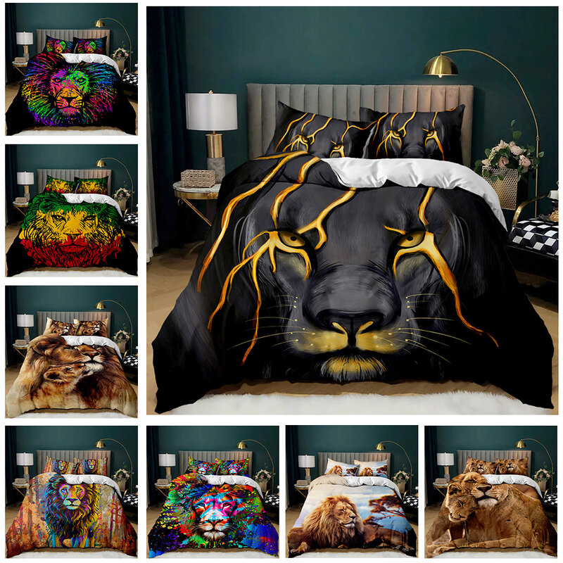 Lion ผ้าปูที่นอนผ้าคลุมเตียง Queen King ขนาด Lightning Lion รูปแบบผ้าคลุมเตียง1 Lionhead ผ้านวม2ปลอกหมอน