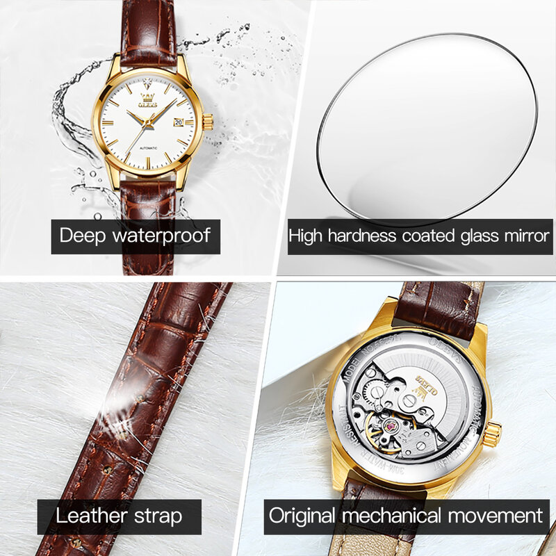 OLEVS-Reloj de pulsera con correa de Corium para mujer, resistente al agua, automático, mecánico, con calendario luminoso