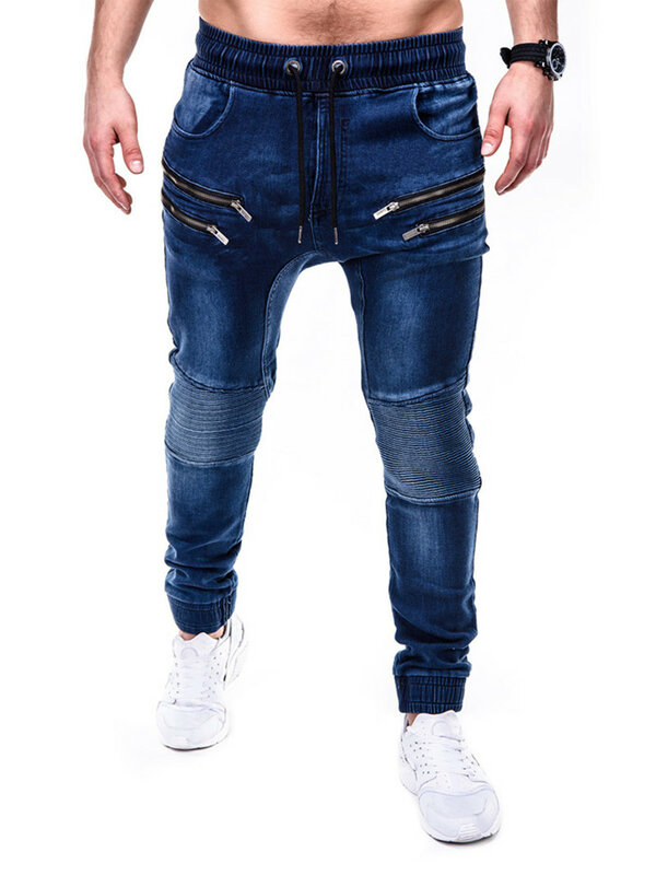 Jeans tascabili solidi di alta qualità pantaloni in cotone Denim da uomo pantaloni Cargo Vintage causali con coulisse Jeans elasticizzati a matita maschili
