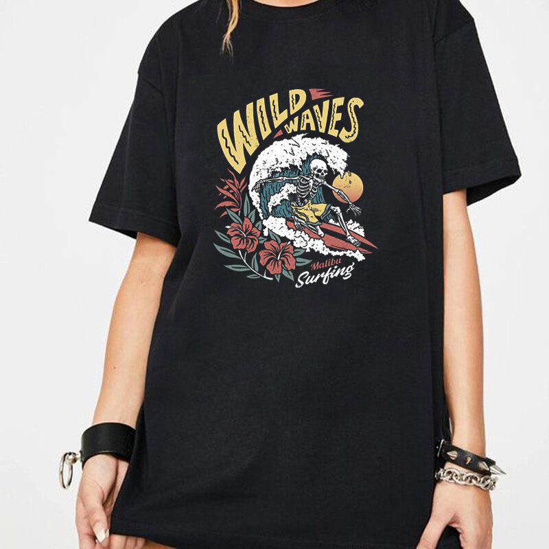 Wild Waves Skeleton Surfing Graphic Tee Beach Style Casual Funny Aesthetic Grunge Vintage Summer Fashion Women T-Shirt Tops