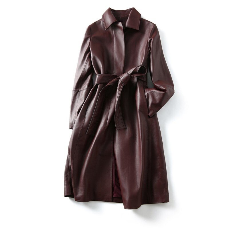 Coat cuts wind from genuine female leather, retro jacket with fine, elegant boxes for office, spring and fall