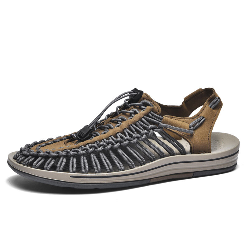 Sandalias de verano para hombre, zapatos planos informales transpirables, hechos a mano, con diseño tejido, para playa y exteriores