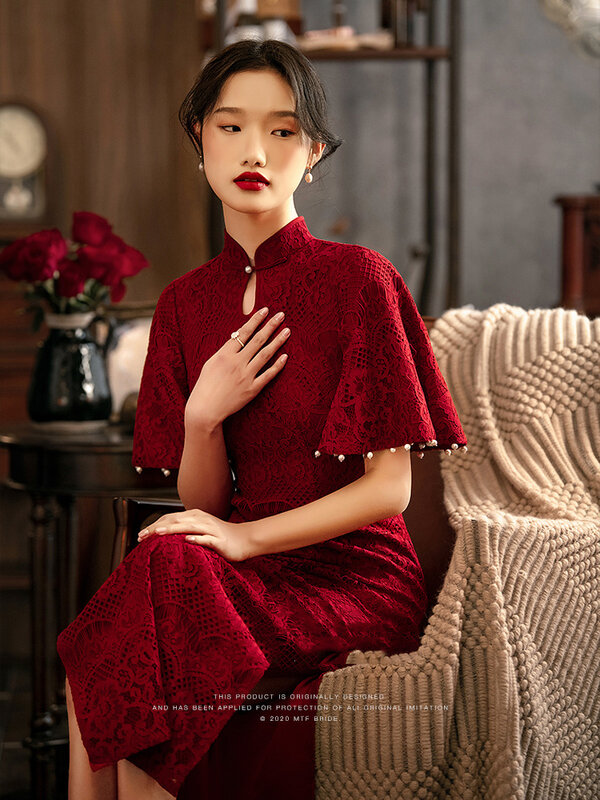 Vestido Cheongsam de encaje de compromiso para mujer, manga corta, color rojo vino, para uso diario