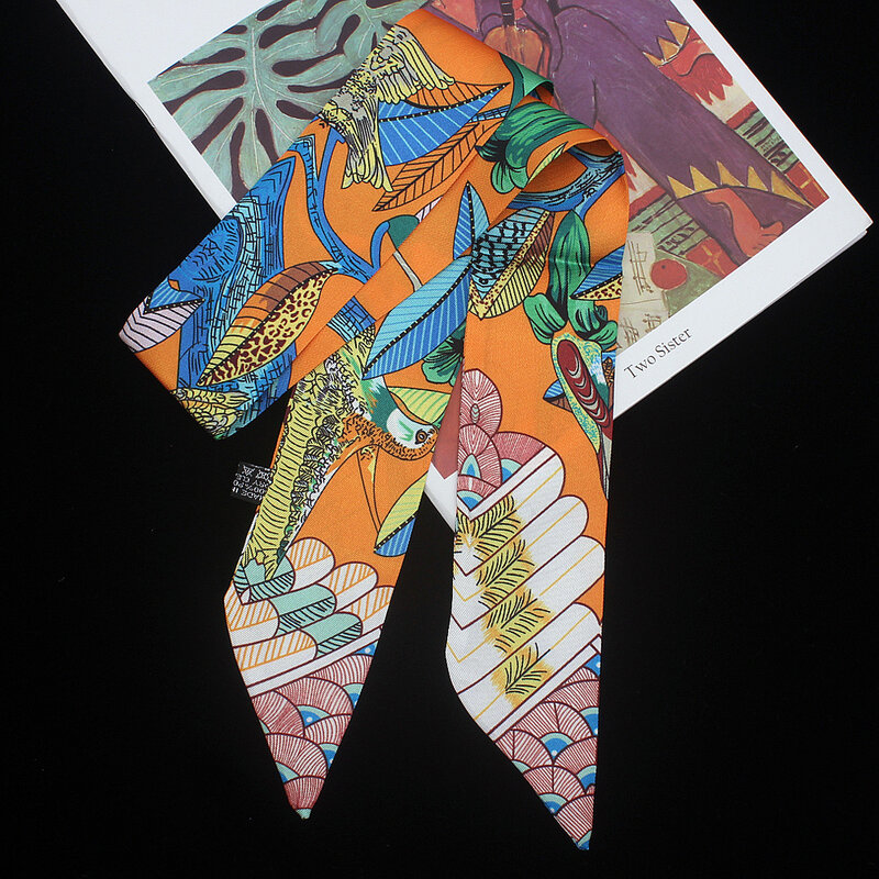 Bufanda de seda con estampado de aves para mujer, pañuelo largo de 95cm x 5cm con hojas, cinta de accesorios para ropa