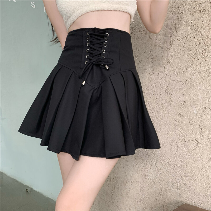 Feminino preto metade do corpo saia lacing cintura alta casual coreano moda baggy vintage a line plissado saia curta senhoras verão
