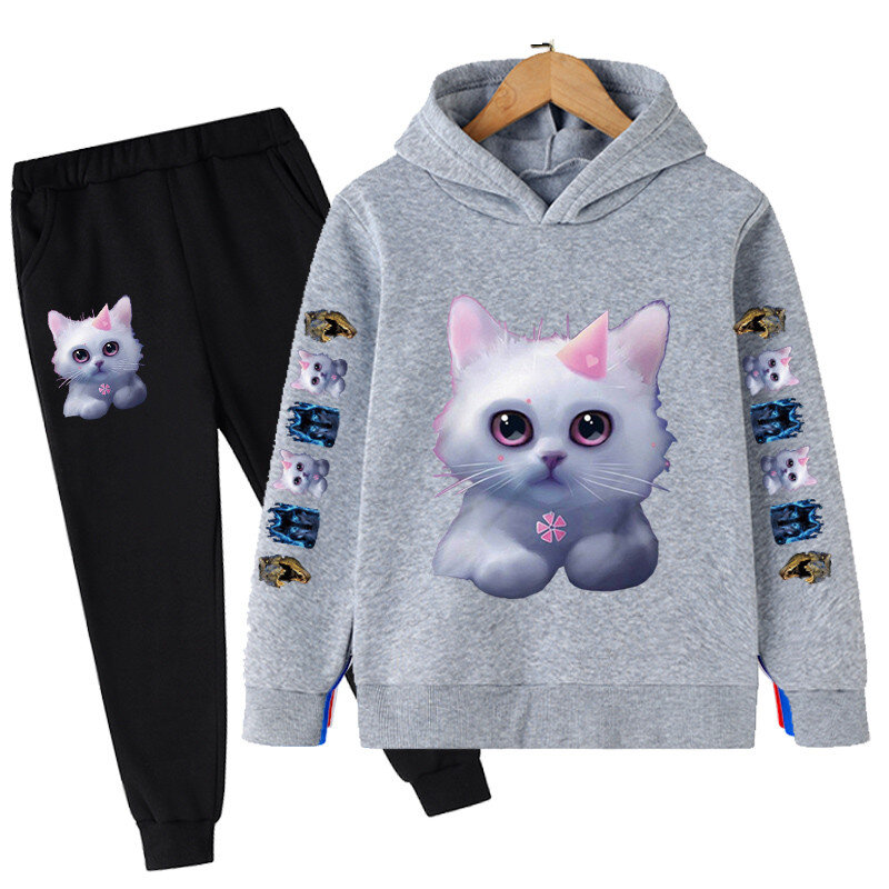 Conjunto de suéter con capucha para niños, suéter con estampado de gato blanco y diamantes, Otoño/Invierno