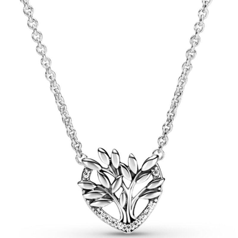 Kalung Collier Pohon Keluarga Hati Asli dengan Kalung Kristal untuk Perhiasan Diy Mode Gelang Jimat Manik-manik Perak Sterling 925