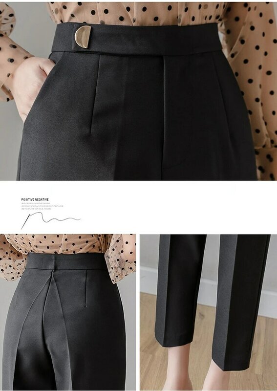Pantalones bombachos de cintura alta con botones para mujer, traje negro de nueve puntos, 280F