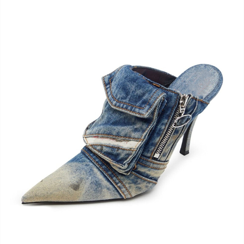 Kobiety kieszeń dżinsowa spiczasty palec u nogi buty na obcasie patchworkowy zamek seksowna strona damskie buty na wysokim obcasie nowe modne buty wsuwane sandały kapcie