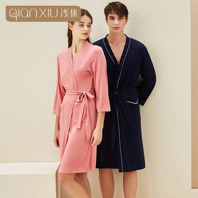 Jubah mandi pasangan, musim semi dan musim panas baju tidur rumah tangga serat bambu baju tidur pria nyaman setengah panjang 3/4 lengan jubah mandi