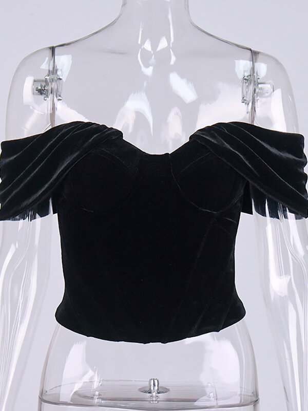 Newasia Velour Blouses Vrouwen Backless Sexy Off Shoulder Top Voering Rekbaar Uitgebeend Rits Fashion Elegant Party Club Outfits