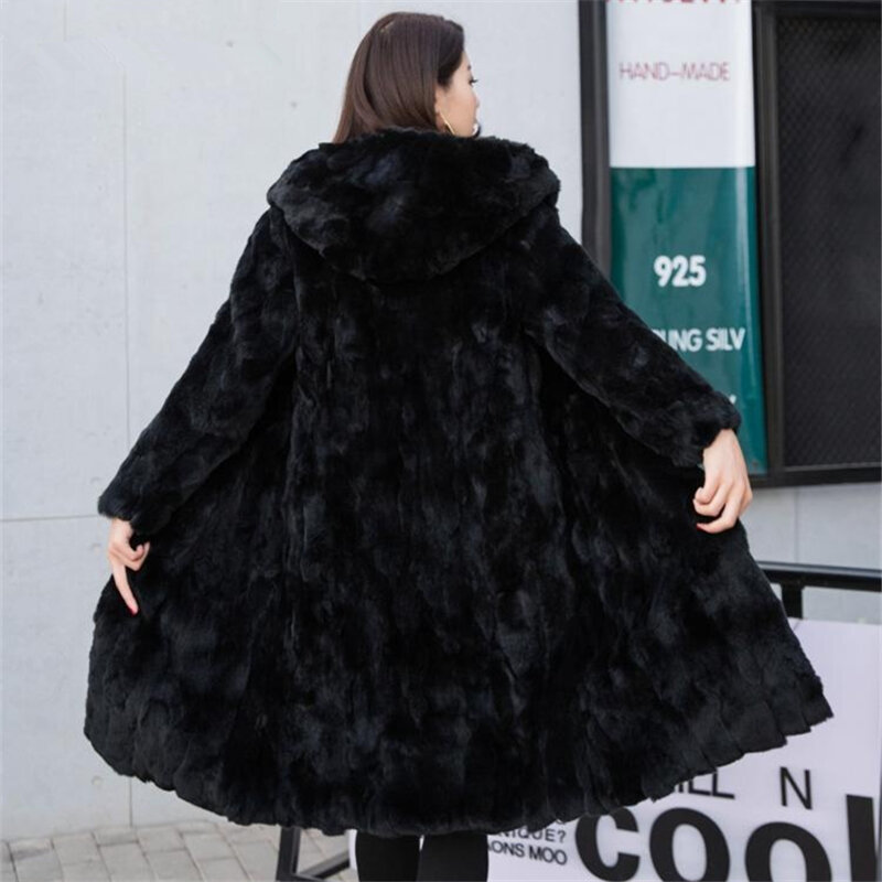 Manteau long en fourrure de lapin Rex naturel pour femme, Parka épaisse et chaude, Mode féminine, 2022