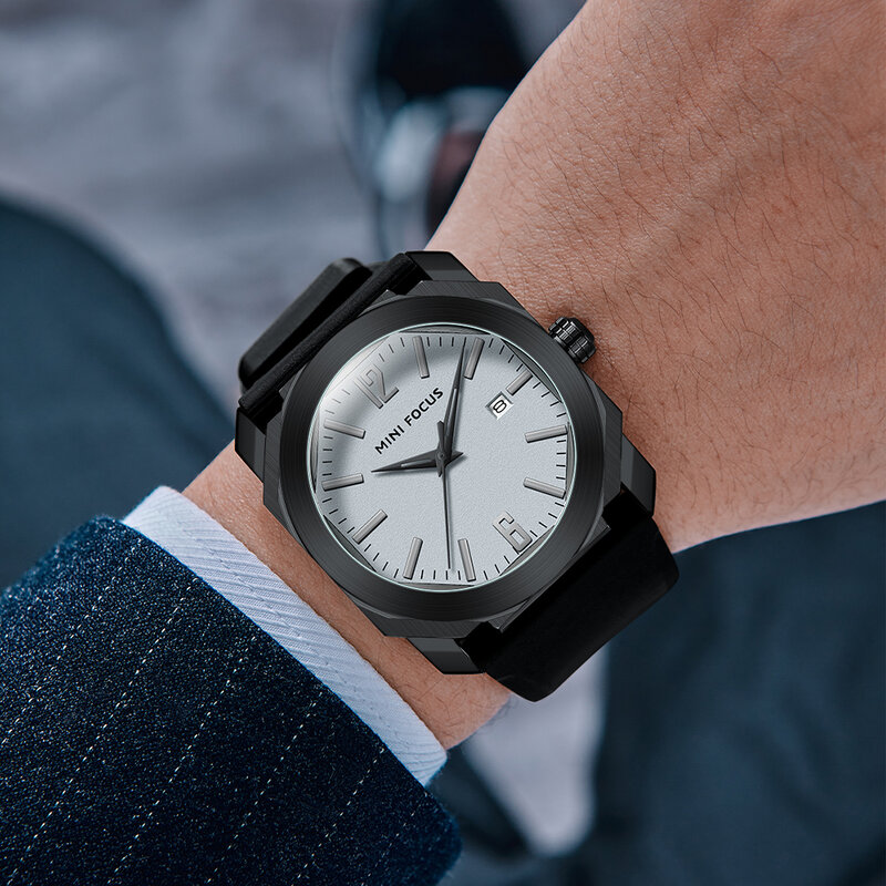 Модные минималистичные кварцевые часы MINI FOCUS для мужчин, деловые водонепроницаемые часы с календарем, роскошный силиконовый ремешок, мужск...