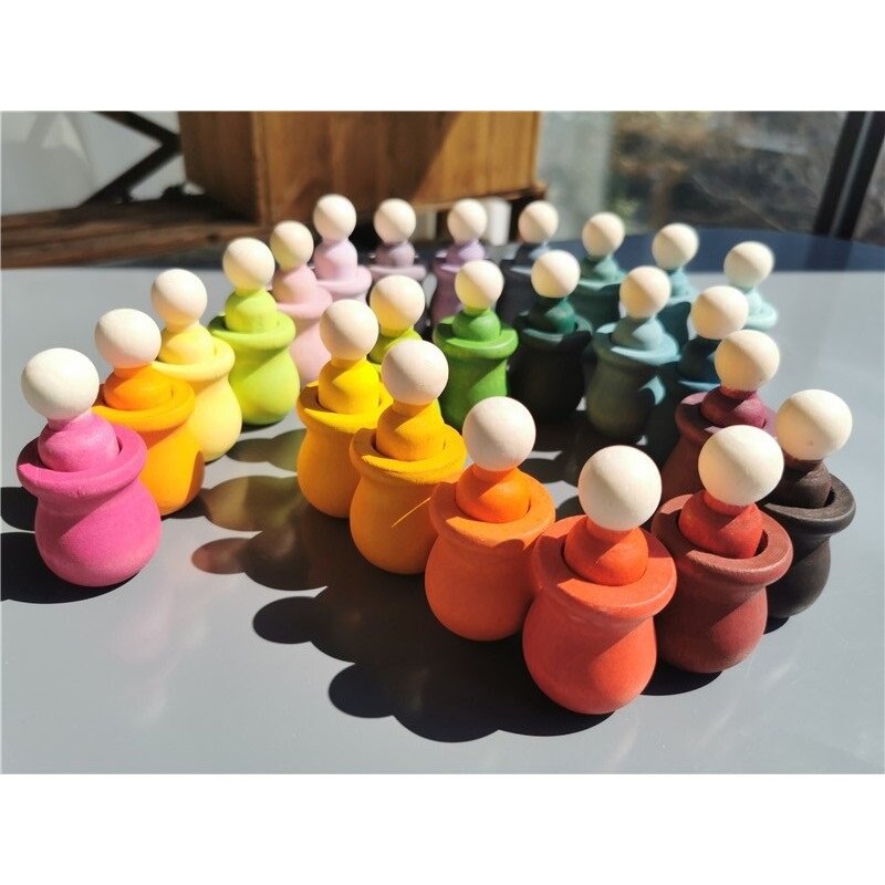 Zabawki drewniane Rainbow Pot lalki Peg pastelowe kubki ręcznie malowany obraz układanie klocki dla dzieci zabawy otwarte