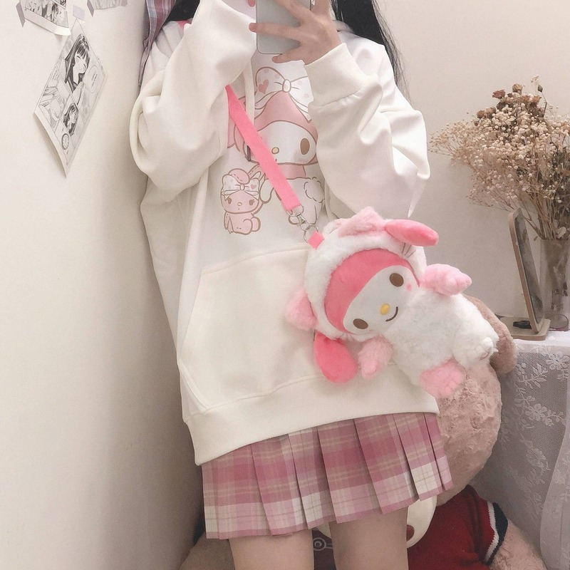 HOUZHOU japońskie słodkie Anime bluzy dla dziewczynek jesienno-zimowa Kawaii miękka dziewczyna z długim rękawem bluza z kapturem z motywem kreskówkowym kobiety luźny pulower