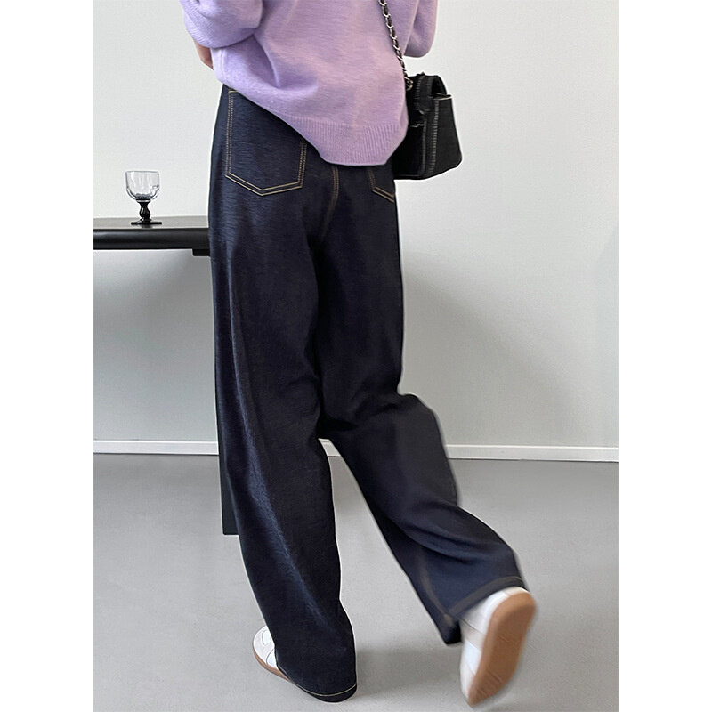 Damska wysoka talia ciemnoniebieska jasna linia proste dżinsy cienkie szerokie nogawki spodnie dżinsowe