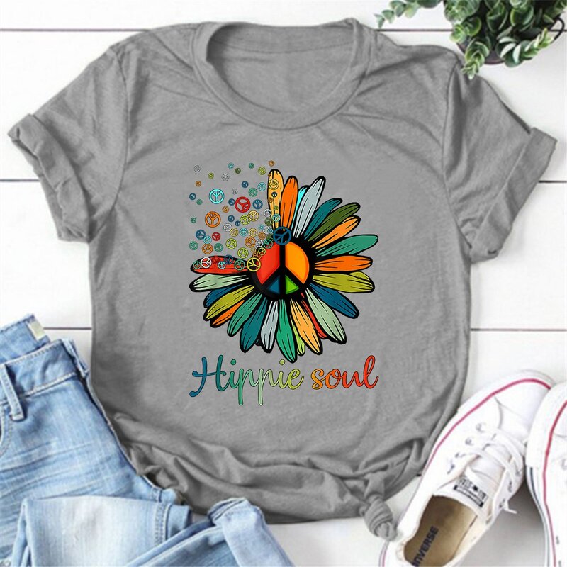 Śliczne koszulki z nadrukiem Hippie Soul dla kobiet z krótkim rękawem śmieszne koszulki z okrągłym dekoltem w stylu Casual, letnia bluzka