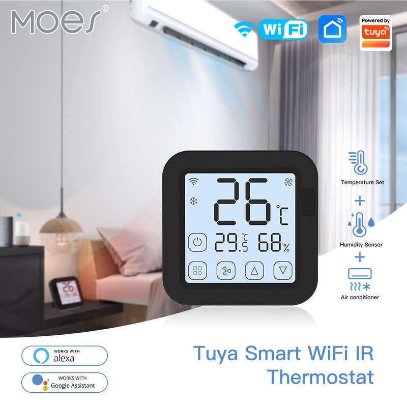 MOES-controlador de termostato Tuya, WiFi, IR, pantalla LCD, botón táctil, control remoto inalámbrico, Sensor de temperatura y humedad incorporado, alexa
