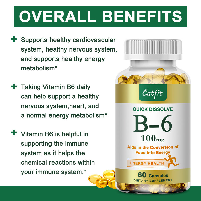 Catfit Vitamin B6 Cápsulas Vegetarianas 120 PCS Para Saúde Cardiovascular Neurológica Imunológica e do Coração Melhora o Metabolismo