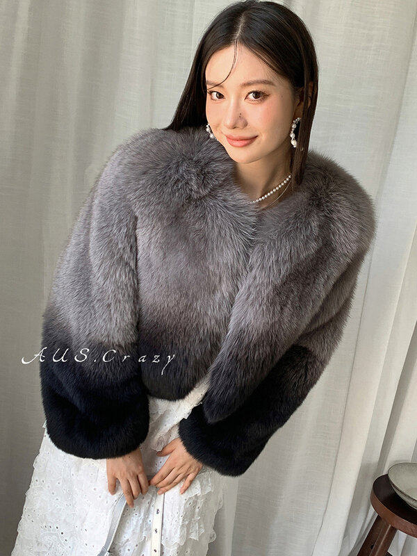 حقيقي جلد الغنم الحقيقي معطف المرأة قصيرة موضة التدرج اللون الفاخرة الطبيعية الثعلب الفراء منفوش الدافئة الشتاء جاكيتات