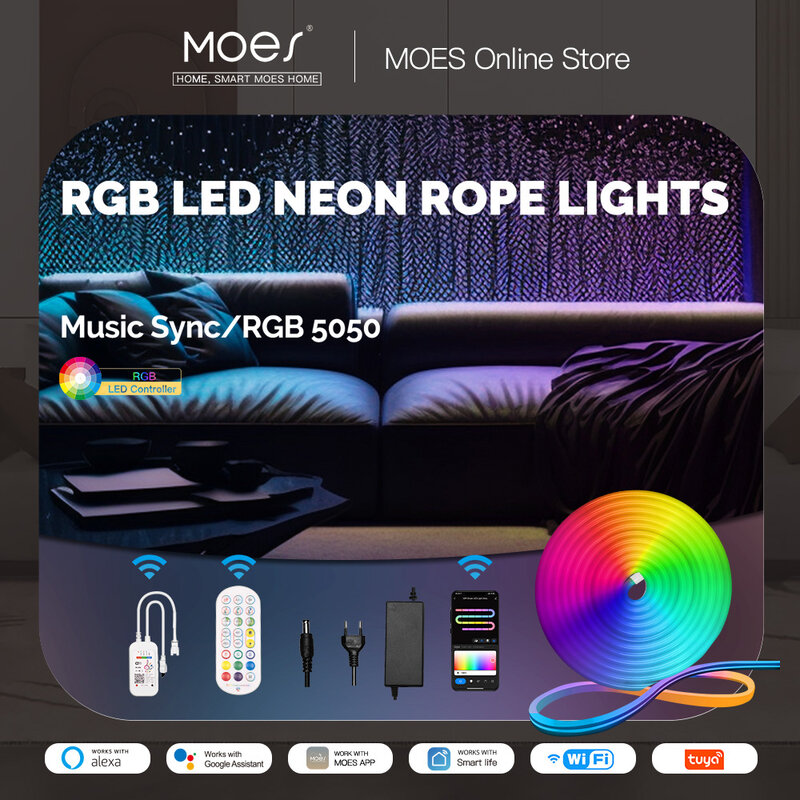 MOES-Wi-Fi Smart LED Neon Light Strip, RGB Color, Tape Lamp para TV Backlight, Home Party Decor, Trabalhar com Alexa, Google Home, UE