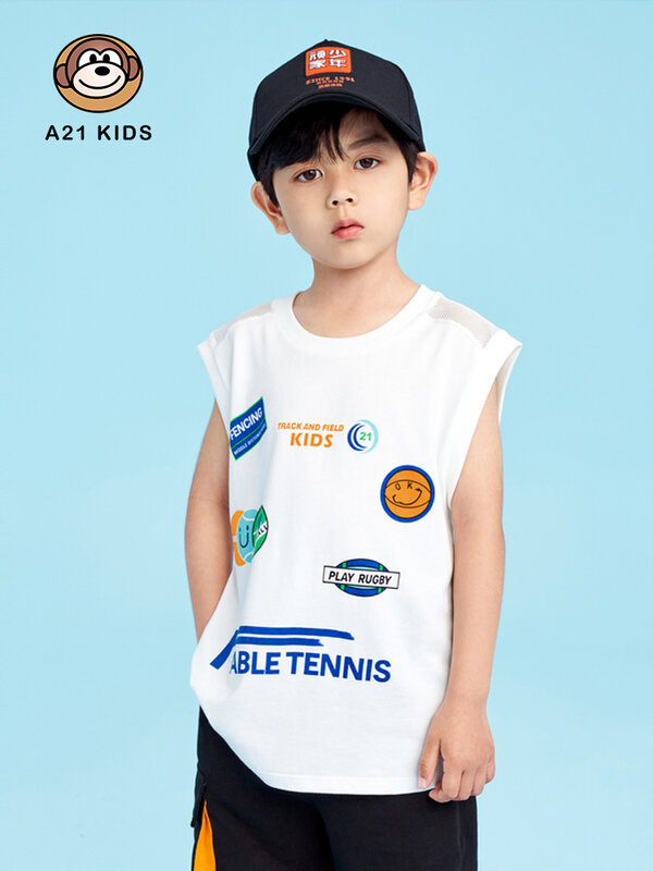 A21 Boy Casual Vest 2022 Summer New Fashion Knitted Loose Round Neck Sleeveless T-shirt Fun Cartoon Printing Children's Tops