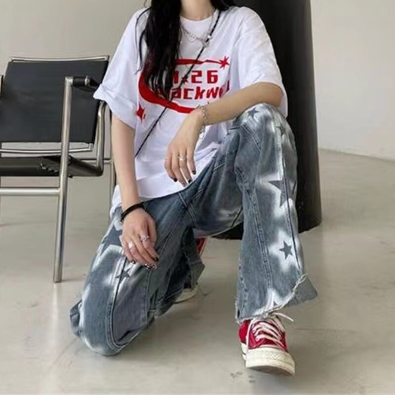 Y2K Emo Pakaian Jalan Wanita Celana Panjang Lurus Pola Bintang Besar Celana Jeans Longgar Peri Grunge Hip Hop Celana Denim Alt Pakaian Pria
