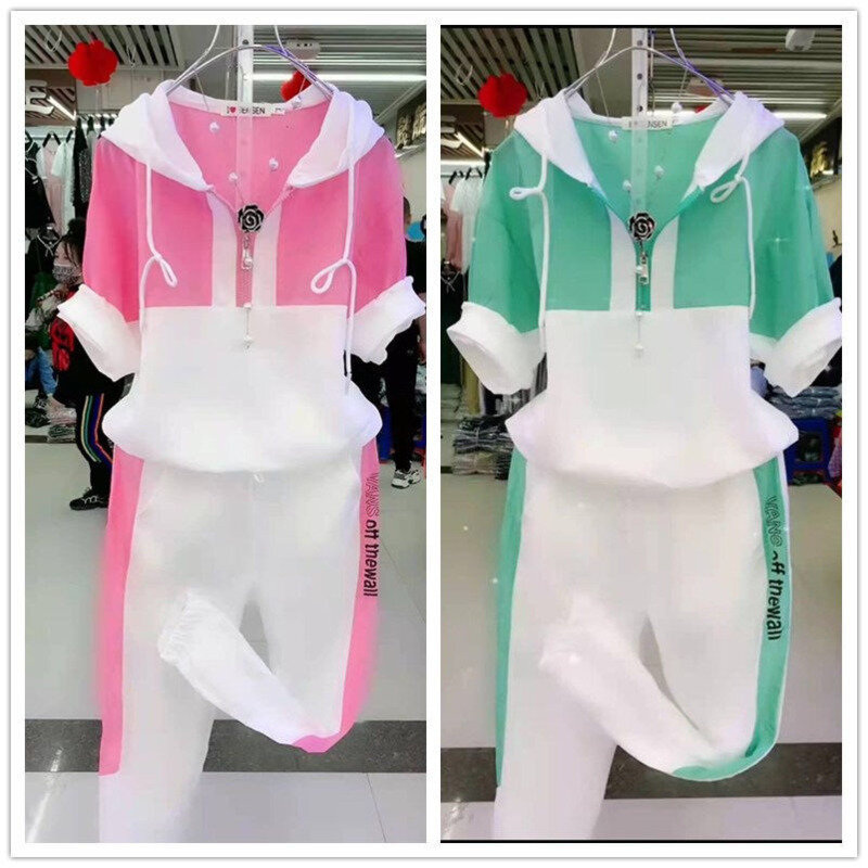 Set 2 Dua Potong Wanita 2022 Sweter Bertudung Lengan Pendek Mode Ramping Baru Pakaian Keringat Santai untuk Wanita Pakaian Olahraga