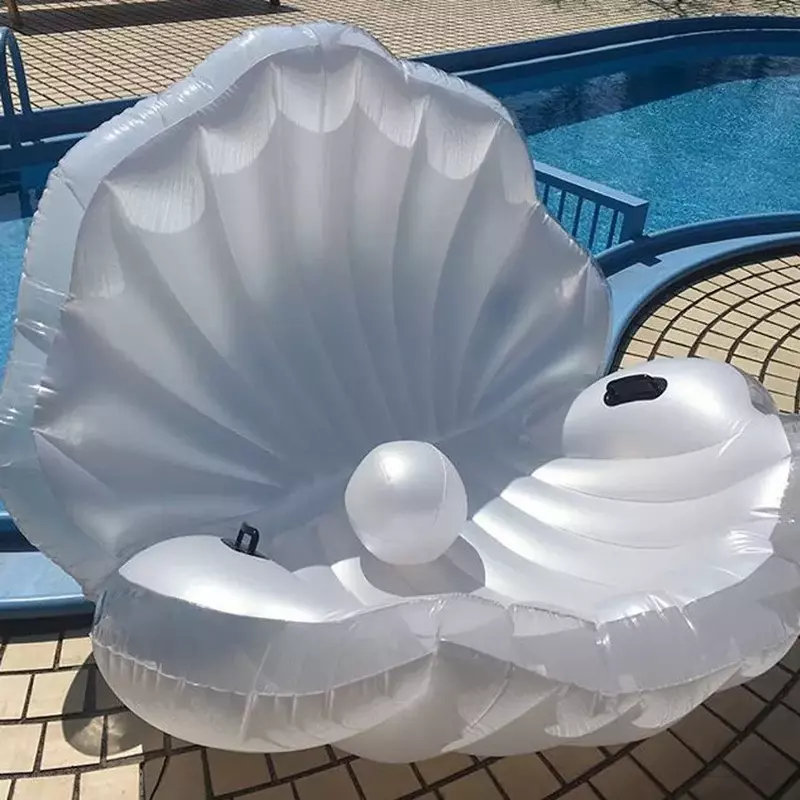 حمام سباحة ضخم قابل للنفخ على شكل صدفة ، سرير هوائي صيفي قابل للنفخ على شكل صدف ، مع لوح صدف لؤلؤي ، صف عائم