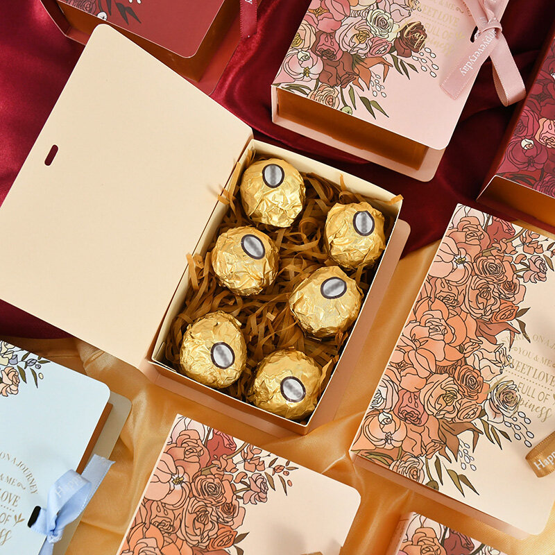 Caja de regalo de boda con forma de libro creativo, paquete de cajas de Chocolate, dulces, comida, fiesta de cumpleaños, recuerdo de boda, decoración con cinta, 5 piezas