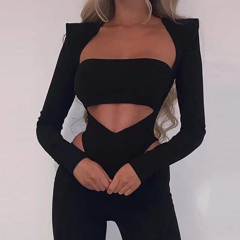 2022 New Spring Bodysuit 3 Piece Sets Women Solid Casual Pants Suits Female Sexy Hollow Out Long Sleeve Tops Bra Trouser Suits