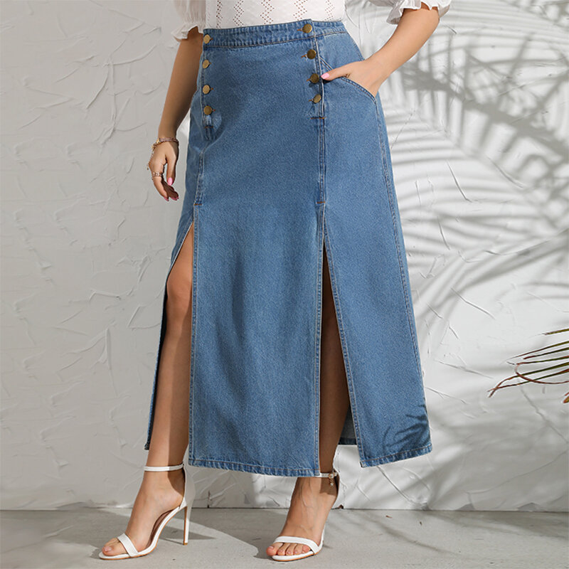 Женская джинсовая юбка с высокой талией, однотонная свободная повседневная юбка трапециевидной формы в стиле ретро на пуговицах, модель 2022 ...